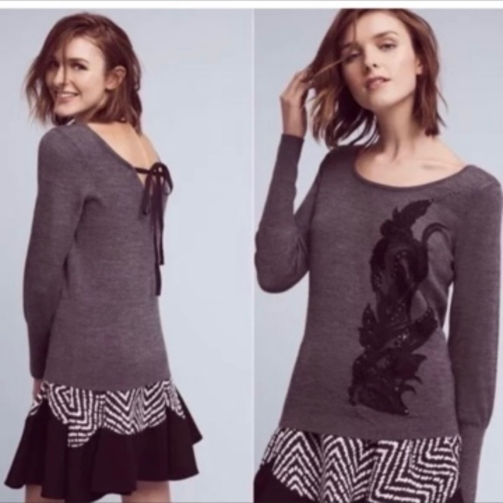 NWOT Anthropologie Angel Of The North Torie Tie-Back Pullover Gray & Black Small